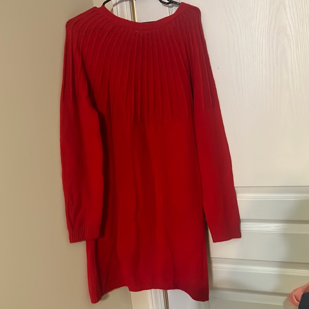 Red sweater dress with black velvet tie back
